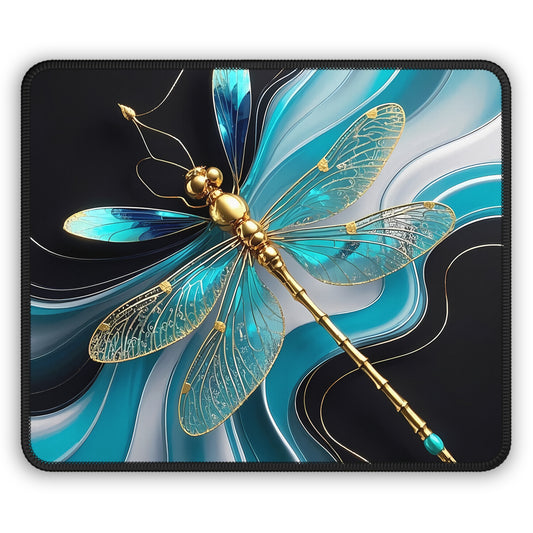 Golden Dragonfly 9x7 Neoprene Desk Mat – Artistic Insect Mouse Pad with Blue Abstract Wings