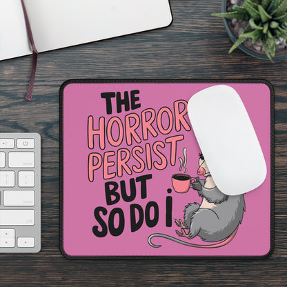Possum Persistence 9x7 Neoprene Desk Mat – Cartoon Coffee Mouse Pad with Gothic Affirmation