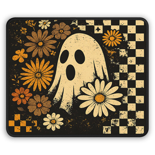 Vintage Floral Ghost Halloween Gaming Mouse Pad – 9x7 Neoprene Mouse Pad with Retro Checkerboard and Fall Flower Design