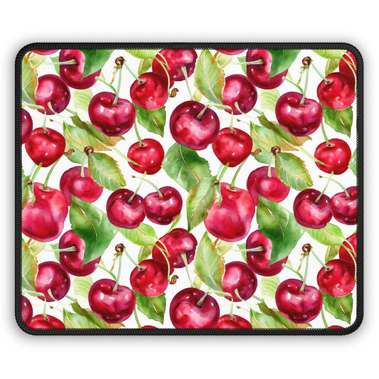 Cherry Pop 9x7 Neoprene Desk Mat – Watercolor Fruit Mouse Pad with Leaves & White Background