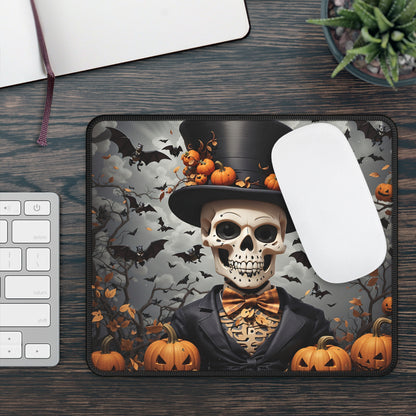 Dapper Skeleton Halloween Gaming Mouse Pad – 9x7 Neoprene Mouse Pad with Pumpkin Top Hat, Bats, and Gothic Autumn Design