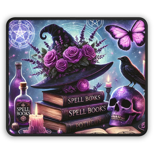 Witch’s Spellbook Mouse Pad – 9x7 Neoprene Desk Mat with Gothic Magic, Potion Bottles, and Purple Witch Hat Design
