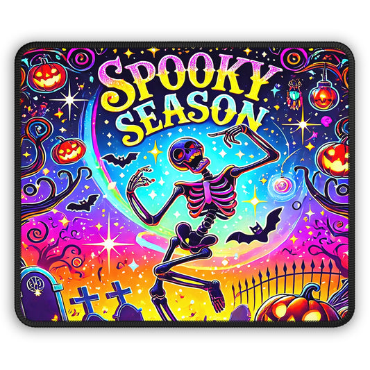 Spooky Season Gaming Mouse Pad – 9x7 Neoprene Mouse Pad with Neon Skeleton, Pumpkins, and Halloween Graveyard Design