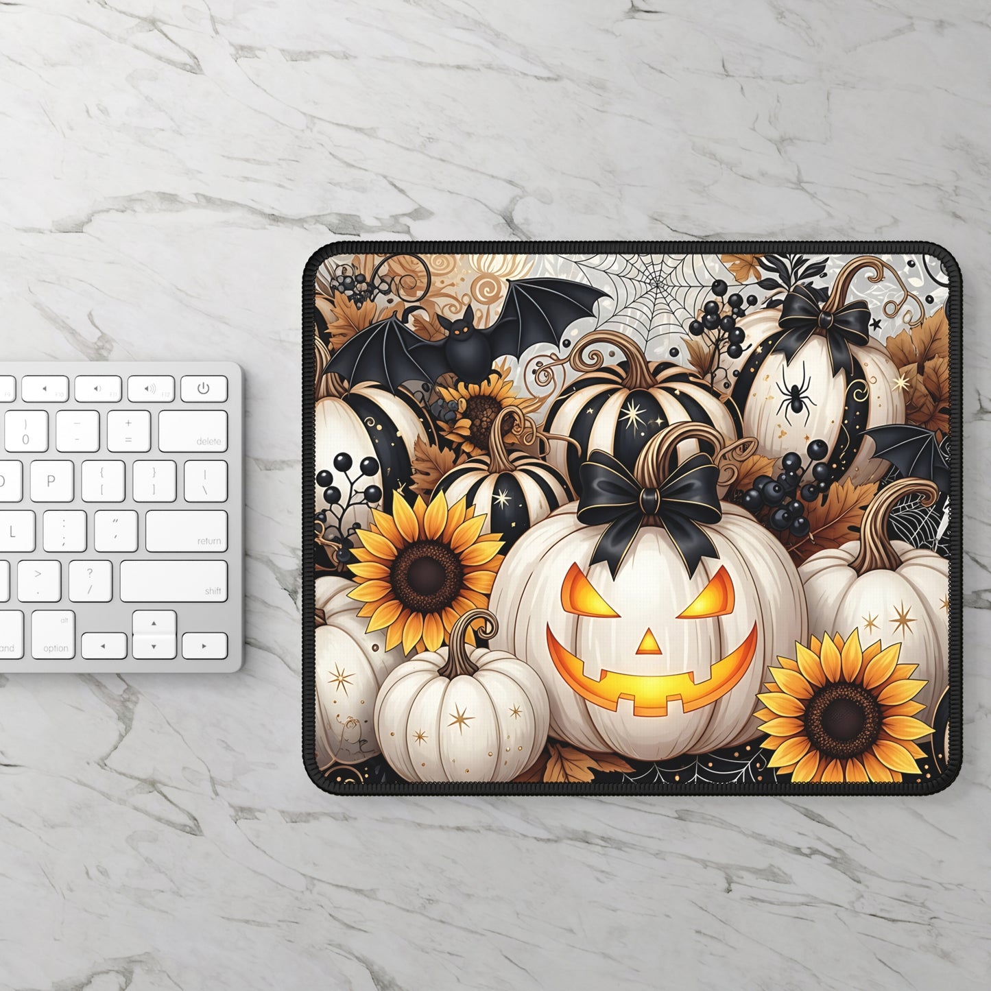 Elegant Pumpkin Patch Halloween Gaming Mouse Pad – 9x7 Neoprene Mouse Pad with Sunflowers, Bats, and Jack-o’-Lantern Design