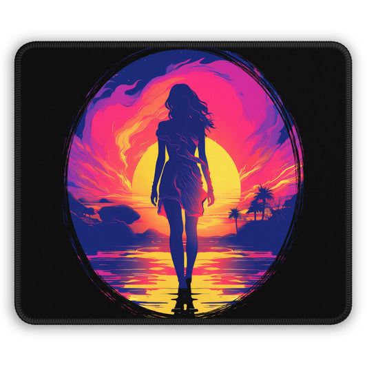Neon Sunset Goddess Mouse Pad – 9x7 Neoprene Desk Mat with Tropical Vaporwave Aesthetic for Gamers and Office Setups