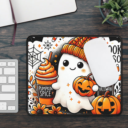 Pumpkin Spice Ghost Gaming Mouse Pad – 9x7 Neoprene Mouse Pad with Cute Ghost, Jack-O’-Lanterns, and Spooky Season Coffee Design