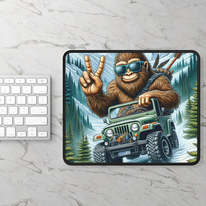 Bigfoot Jeep Adventure Gaming Mouse Pad – 9x7 Neoprene Desk Mat with Sasquatch Driving Off-Road in the Mountains