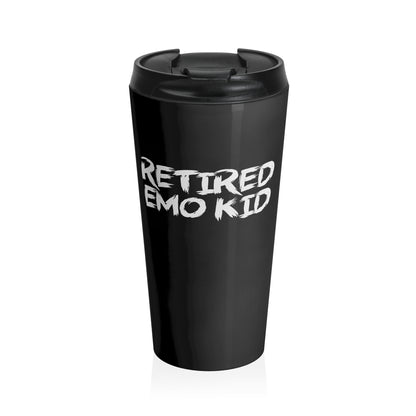 15oz “Retired Emo Kid” Stainless Steel Travel Mug – Grunge Text Design with Leak-Proof Lid