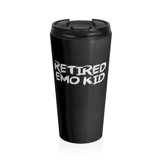 15oz “Retired Emo Kid” Stainless Steel Travel Mug – Grunge Text Design with Leak-Proof Lid