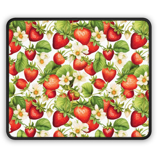 Strawberry Bloom 9x7 Neoprene Desk Mat – Botanical Fruit Mouse Pad with Leaves & Flowers