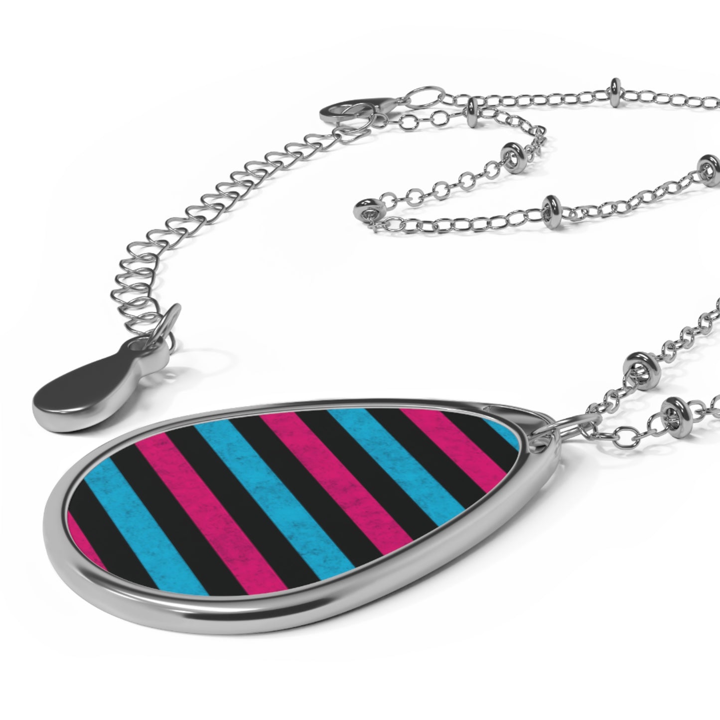 Striped Teardrop Necklace – Pink, Black & Teal Pendant with Silver Chain