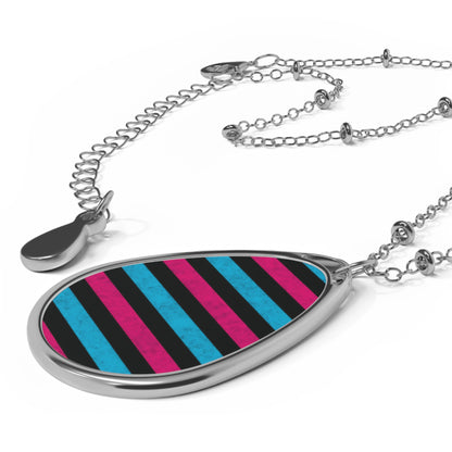 Striped Teardrop Necklace – Pink, Black & Teal Pendant with Silver Chain